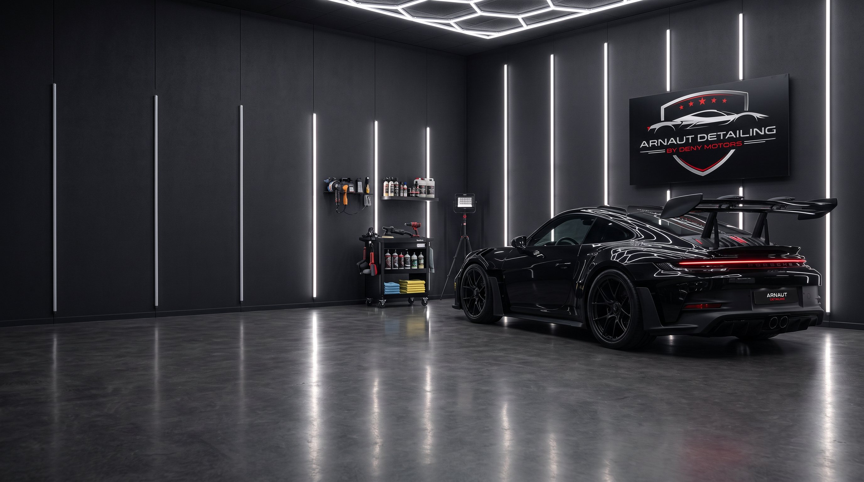 Porsche 911 GT3 RS negru în boxa Arnaut Detailing